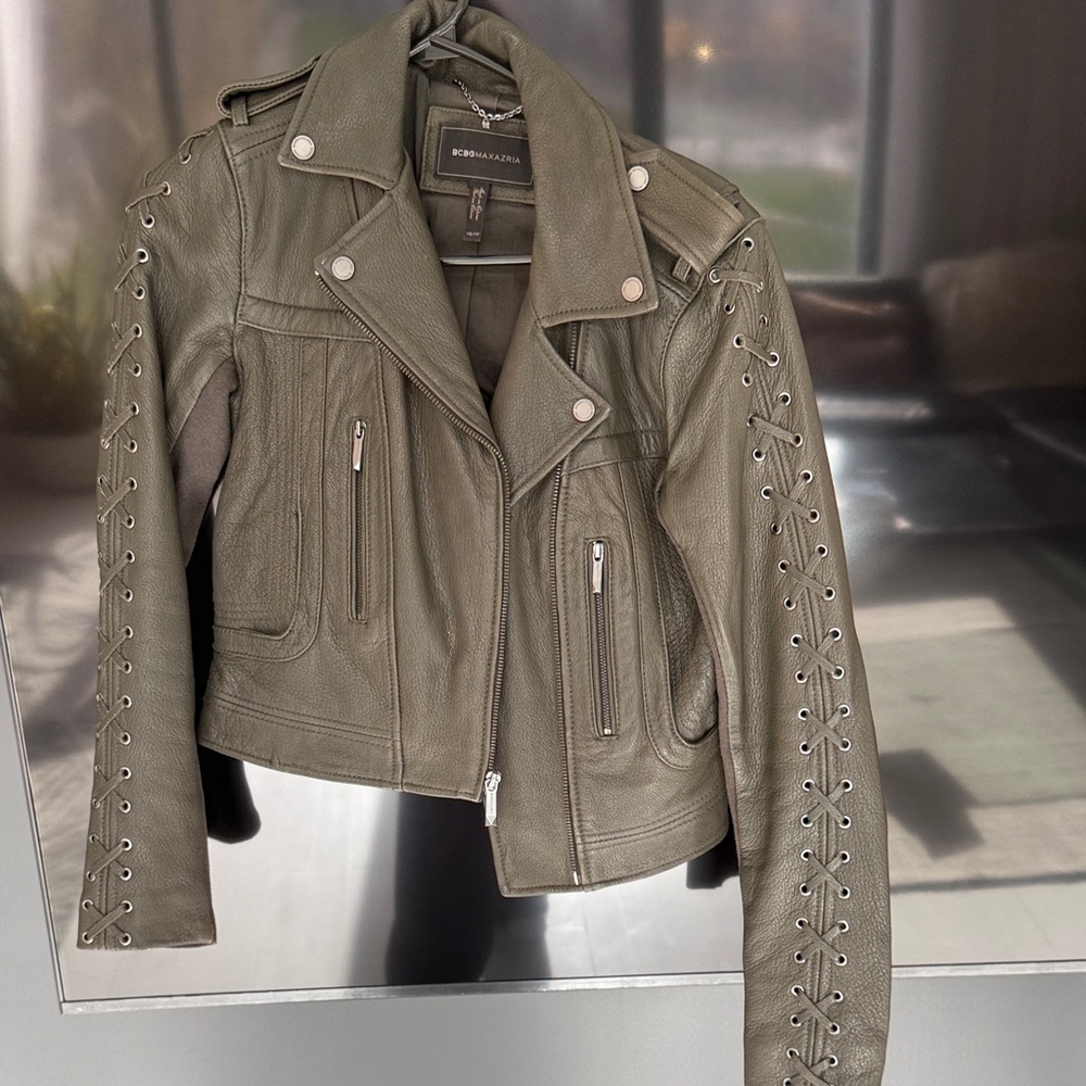BCBGMaxAzria Olive Leather Jacket with Lace-Up Sleeves